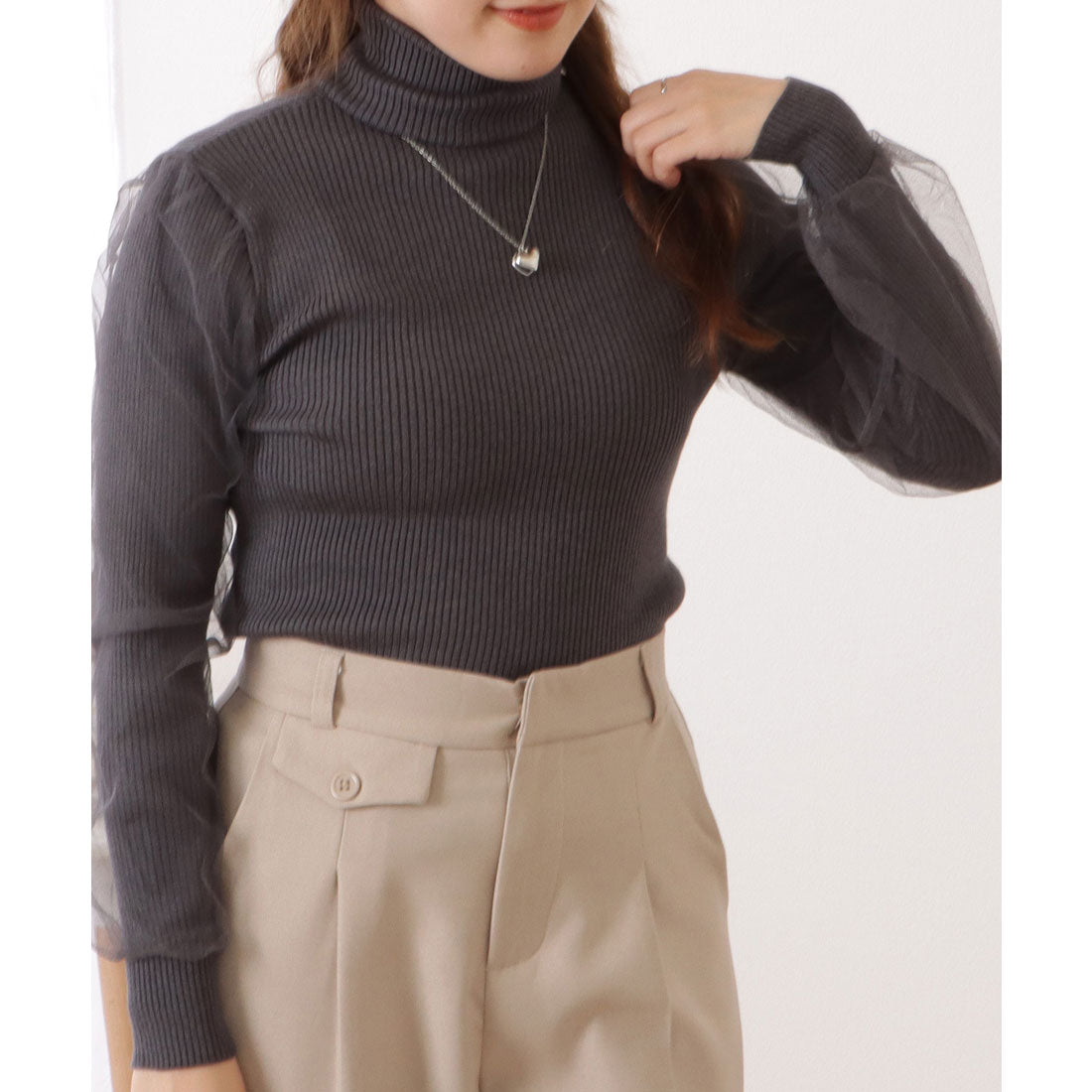 レースレディース Lace Ladies シフォンレイヤードハイネックリブニットプルオーバー （グレー） グレー