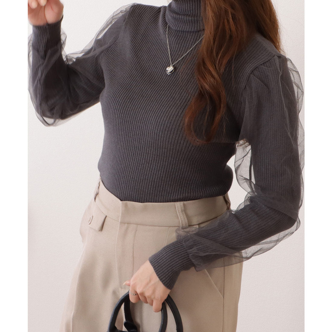 レースレディース Lace Ladies シフォンレイヤードハイネックリブニットプルオーバー （グレー） グレー