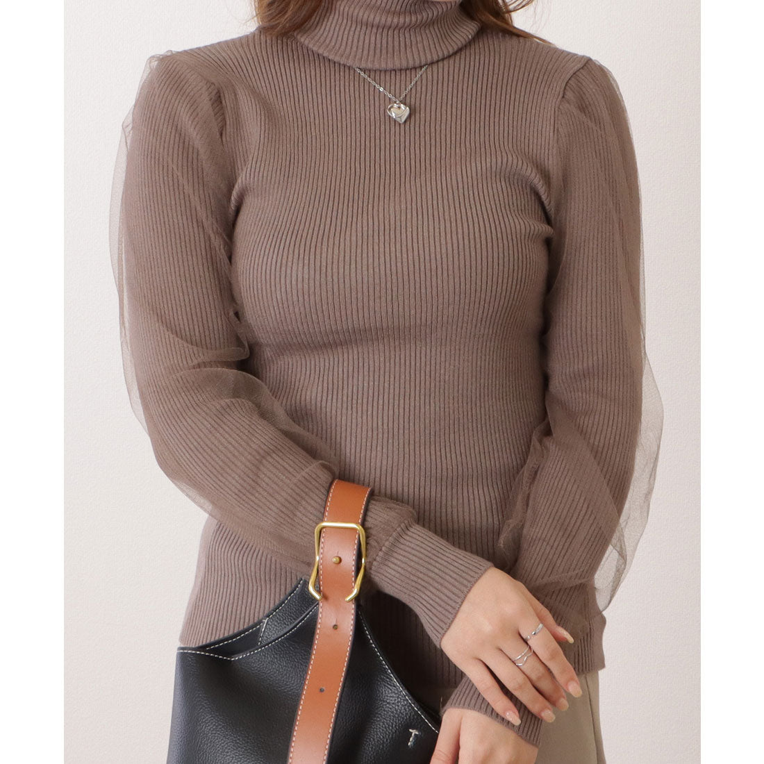 レースレディース Lace Ladies シフォンレイヤードハイネックリブニットプルオーバー （モカ） モカ