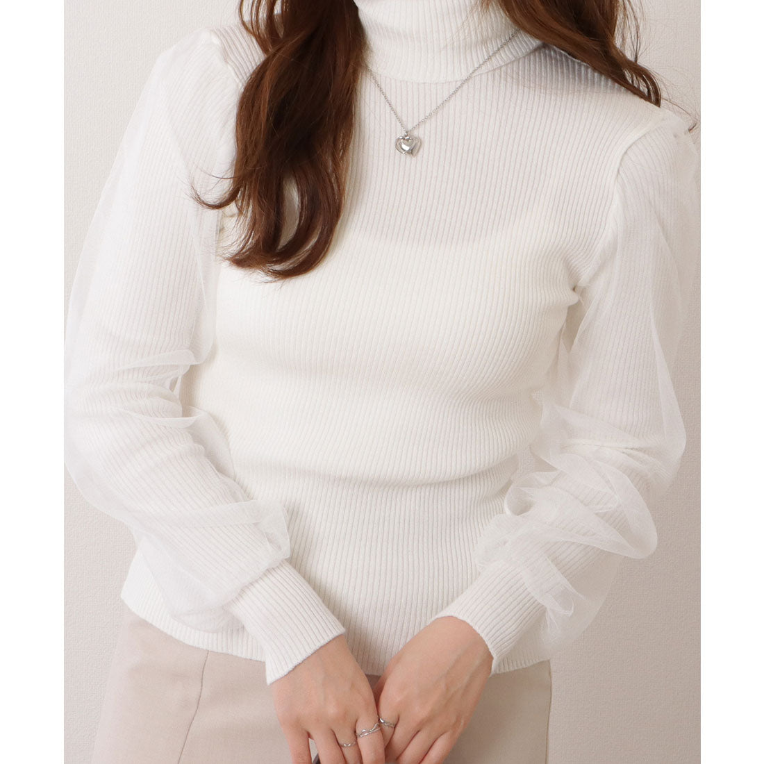 レースレディース Lace Ladies シフォンレイヤードハイネックリブニットプルオーバー （ホワイト） ホワイト