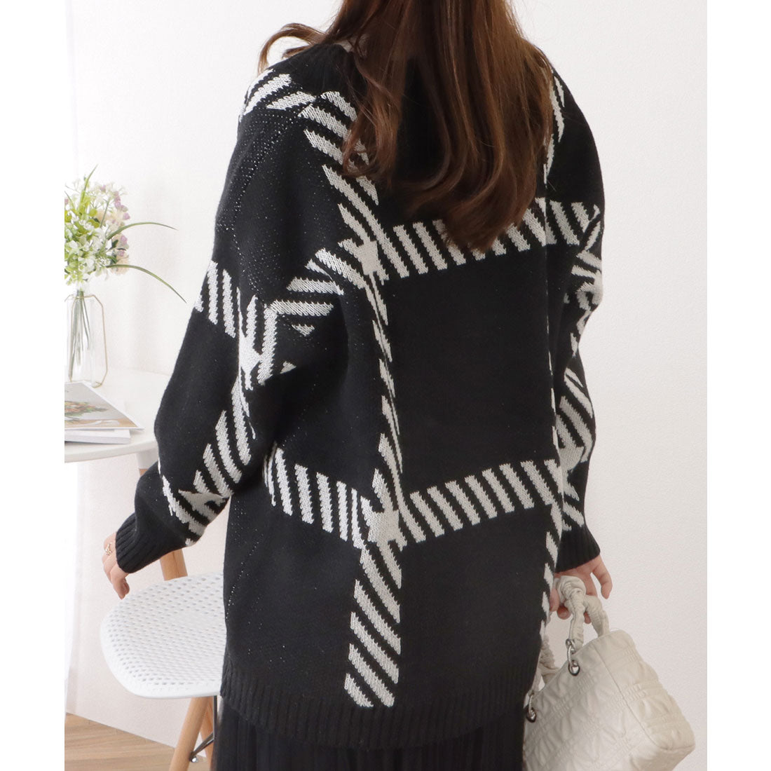 レースレディース Lace Ladies チェック柄オーバーサイズニットカーディガン （ブラック） ブラック