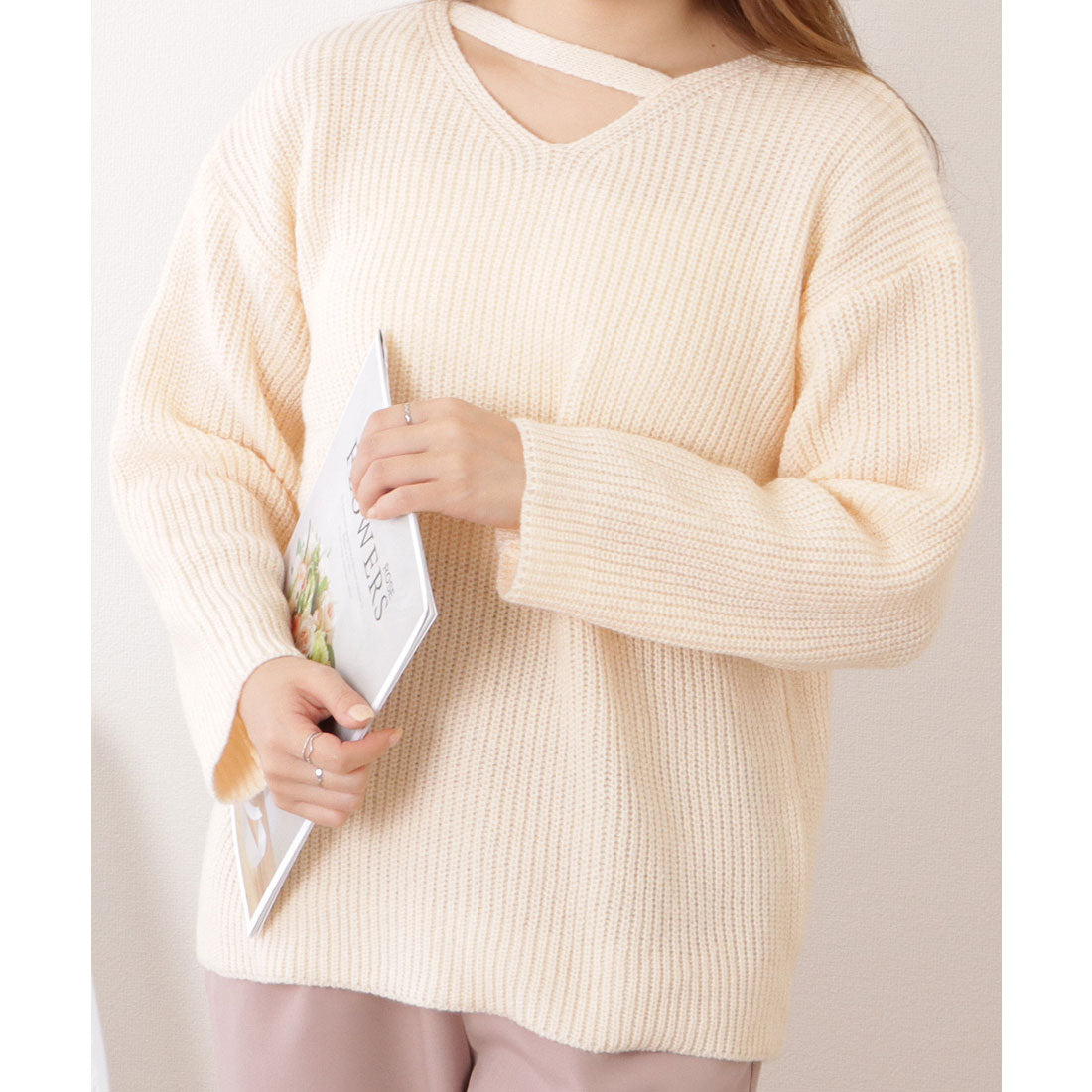 レースレディース Lace Ladies 変形Vネック長袖ゆるニットプルオーバー （アイボリー） アイボリー