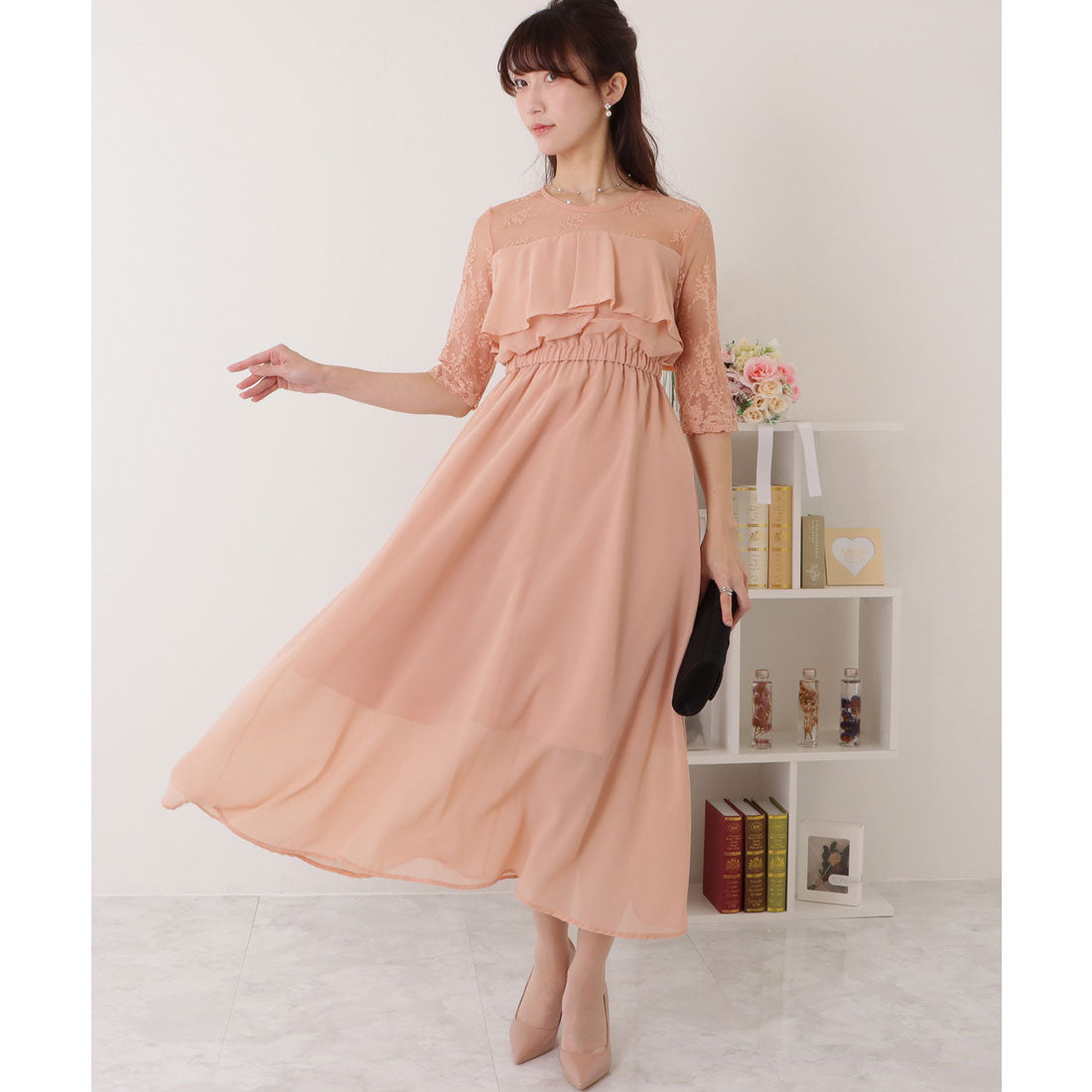 レースレディース Lace Ladies レース ドッキング フリル レイヤード ワンピース （ピンク） ピンク
