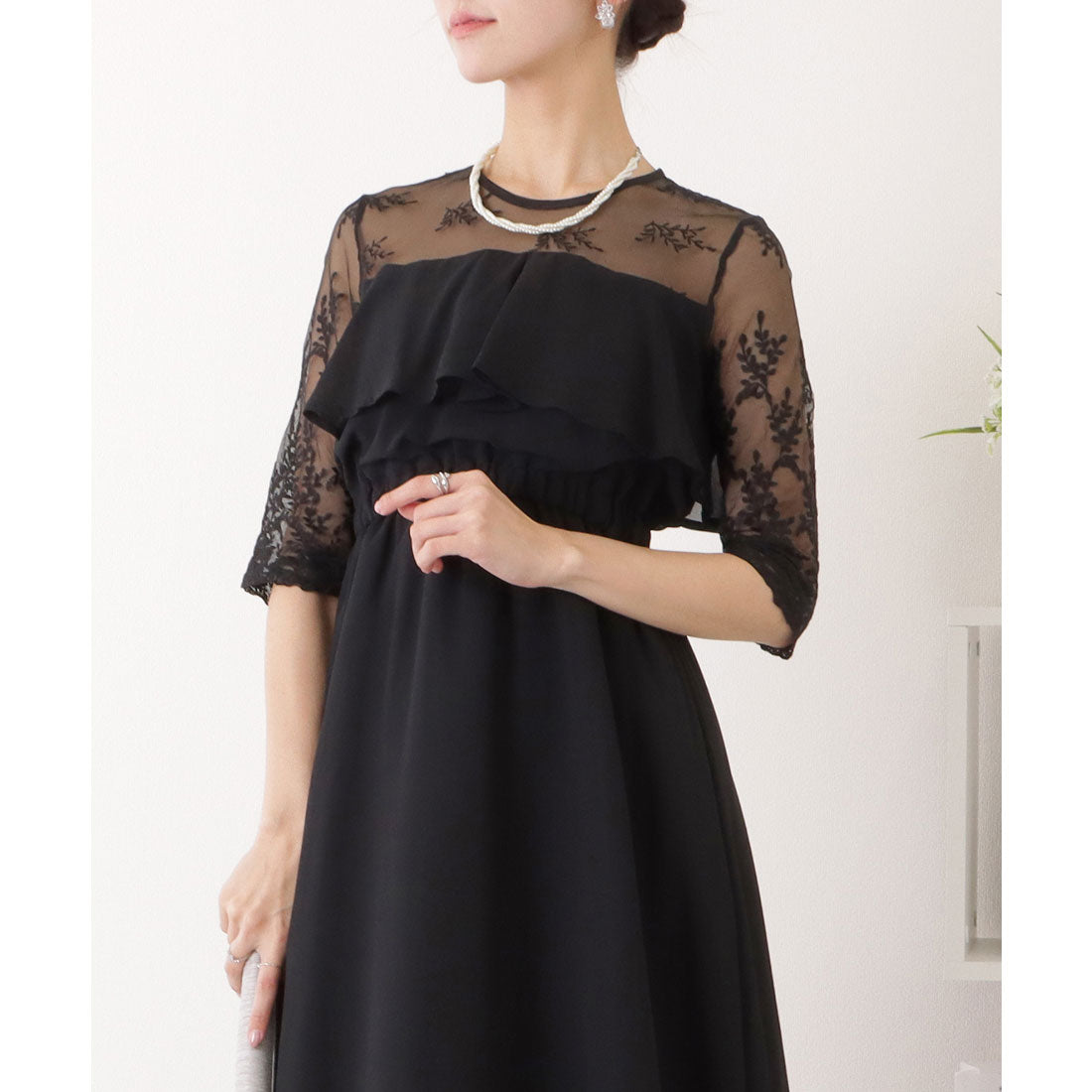 レースレディース Lace Ladies レース ドッキング フリル レイヤード ワンピース （ブラック） ブラック