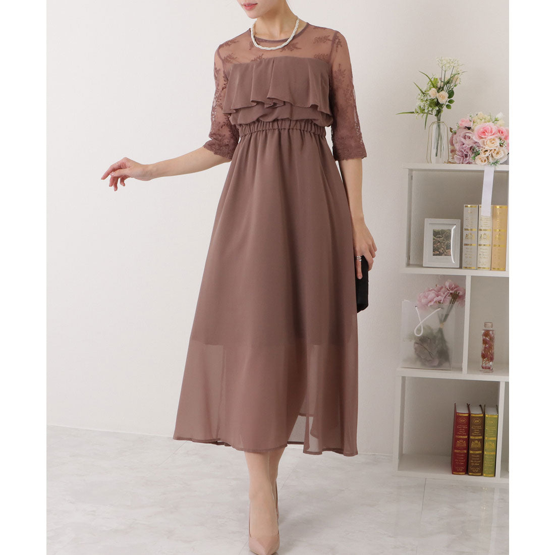 レースレディース Lace Ladies レース ドッキング フリル レイヤード ワンピース （モカ） モカ