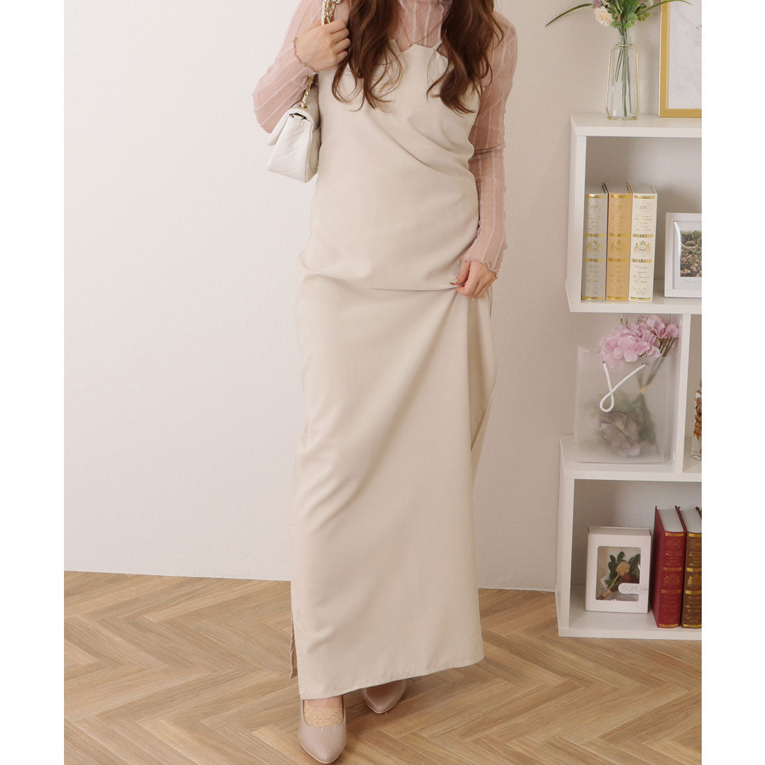 レースレディース Lace Ladies ビスチェ風 キーネック タイト マキシ ワンピース （アイボリー） アイボリー