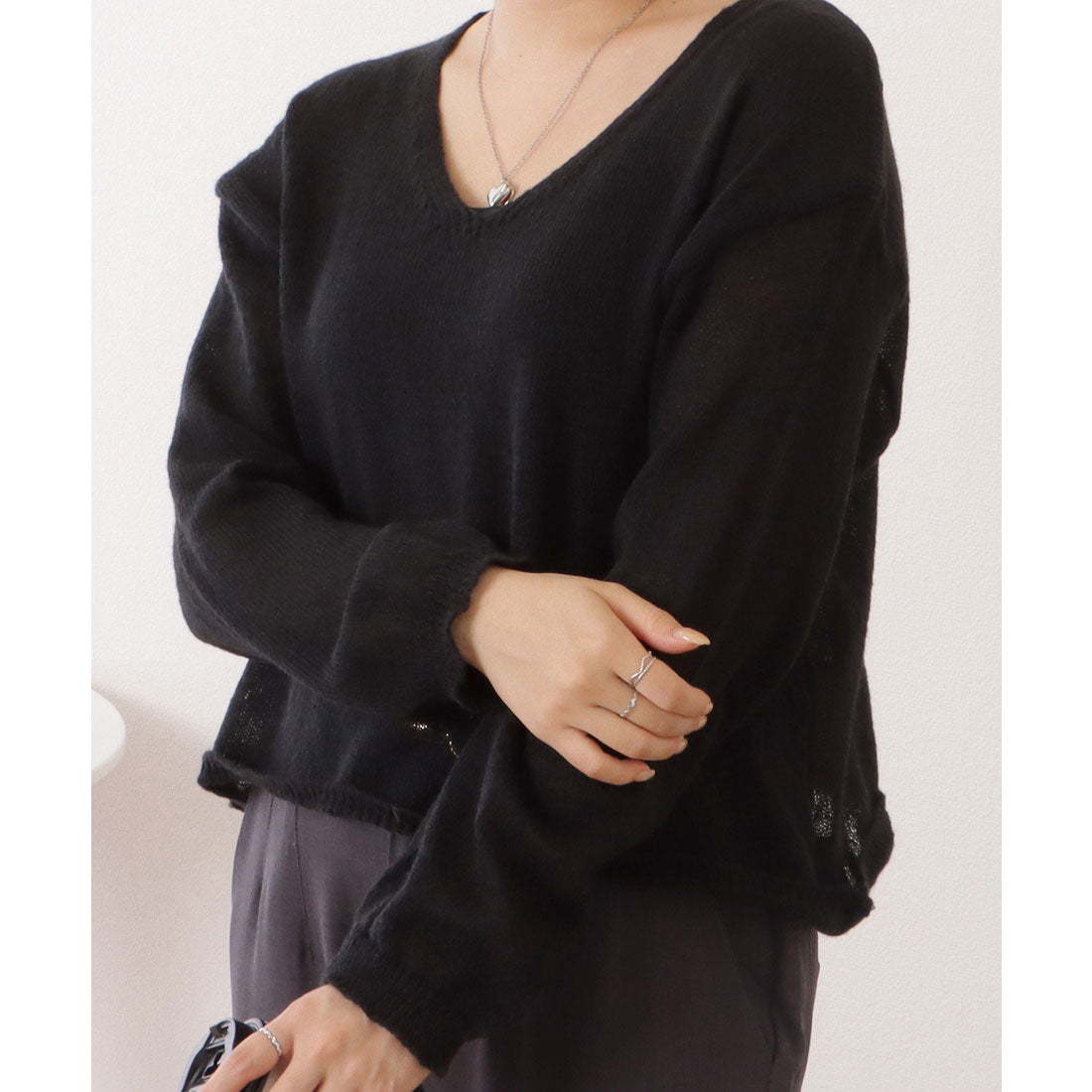 レースレディース Lace Ladies ドロップショルダーゆるシルエットクロップドニットトップス （ブラック） ブラック