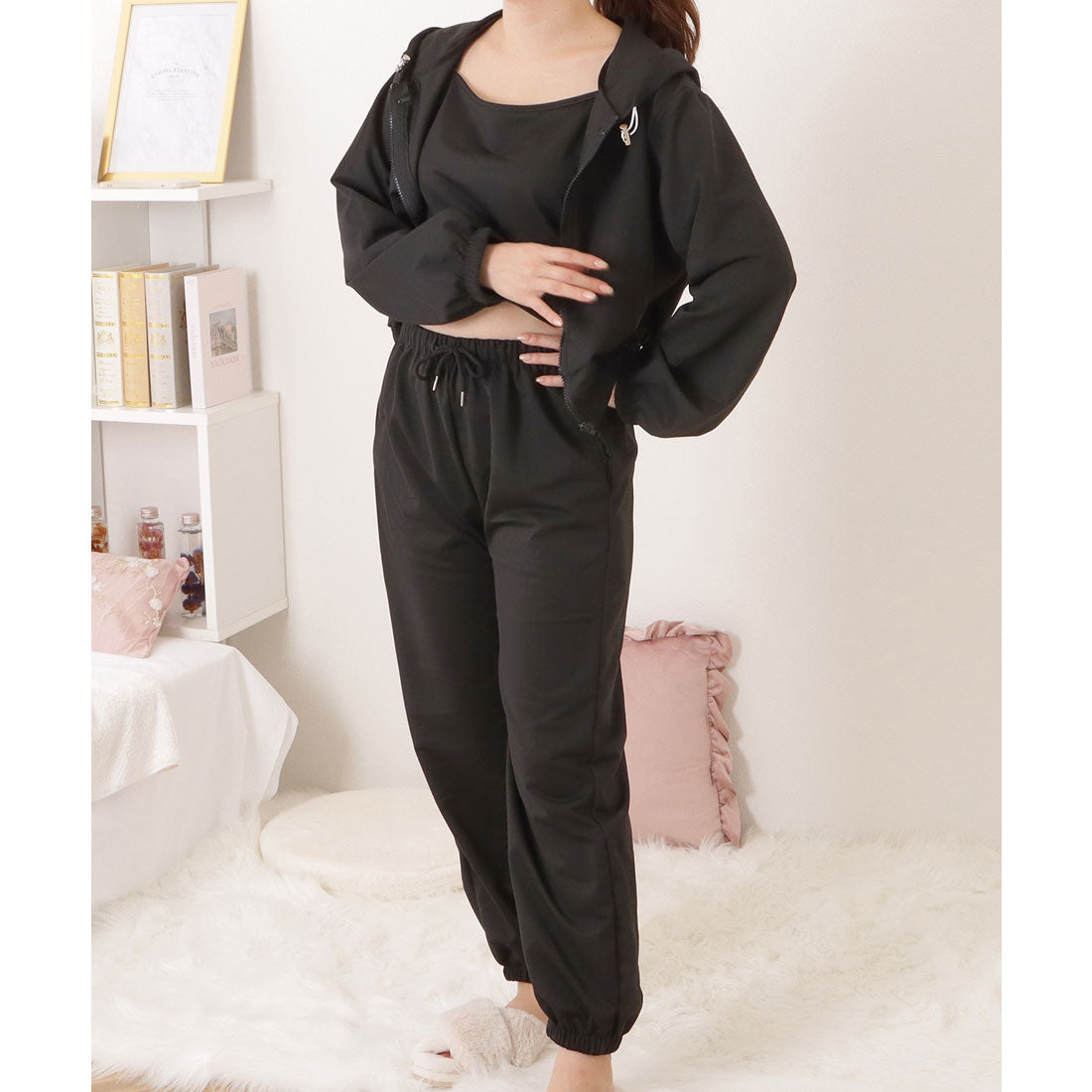 レースレディース Lace Ladies 【3点セット】キャミソール×イージーボトム×パーカーリラクシーセット （ブラック） ブラック