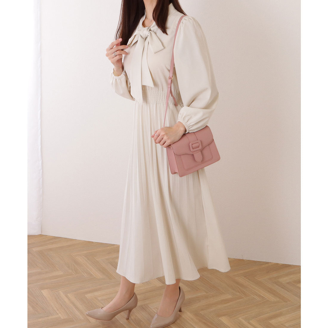レースレディース Lace Ladies ボウタイ付き パフスリーブ プリーツ ロング ワンピース