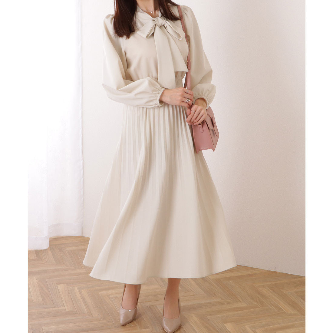 レースレディース Lace Ladies ボウタイ付き パフスリーブ プリーツ ロング ワンピース