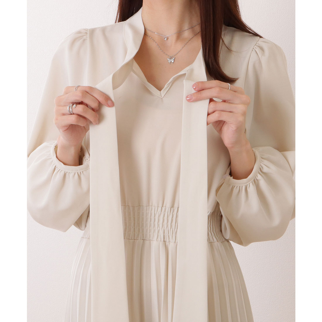 レースレディース Lace Ladies ボウタイ付き パフスリーブ プリーツ ロング ワンピース