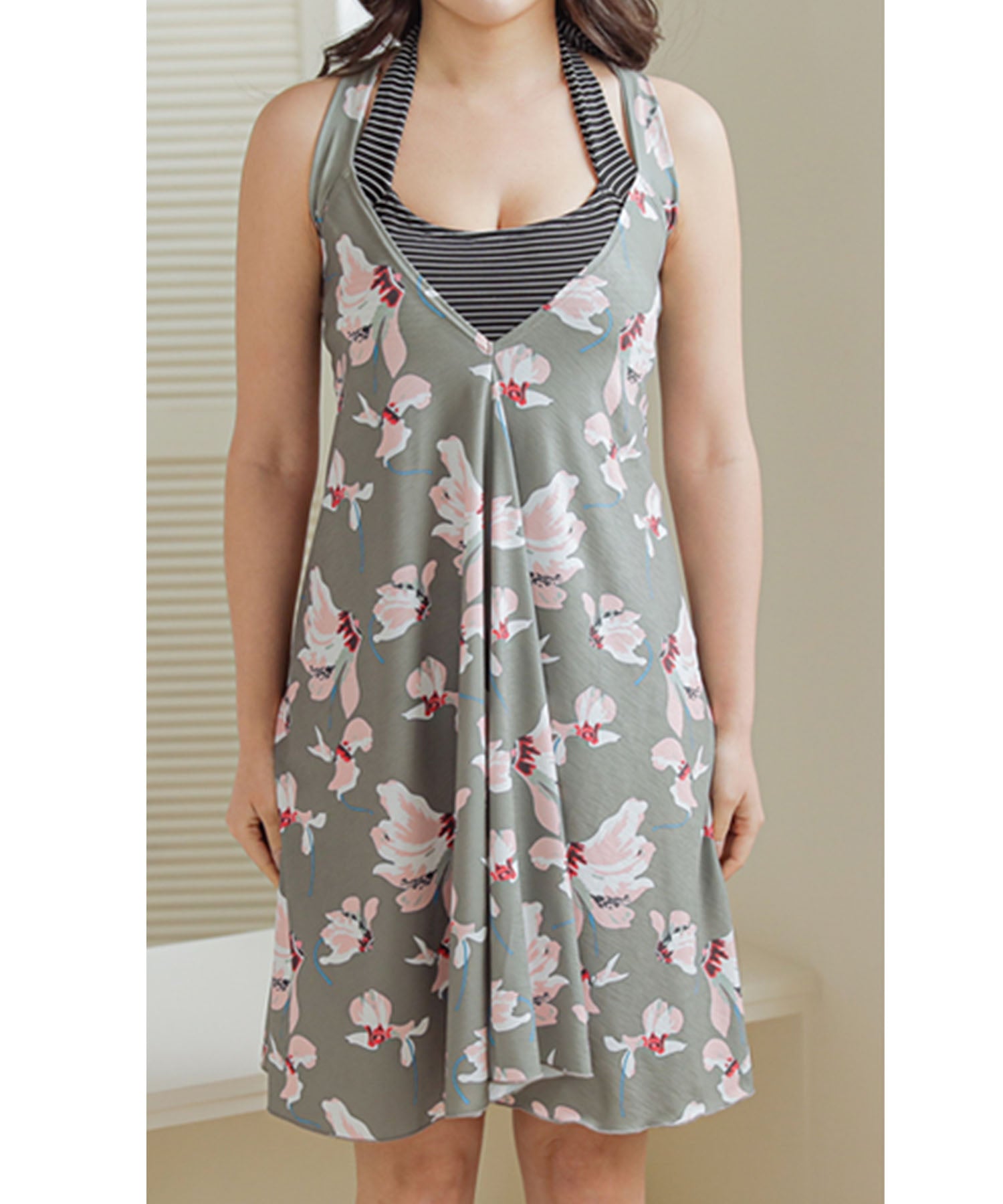 レースレディース Lace Ladies 花柄ワンピース付きボーダータンキニ3点セット【返品不可商品】 （グリーン） グリーン