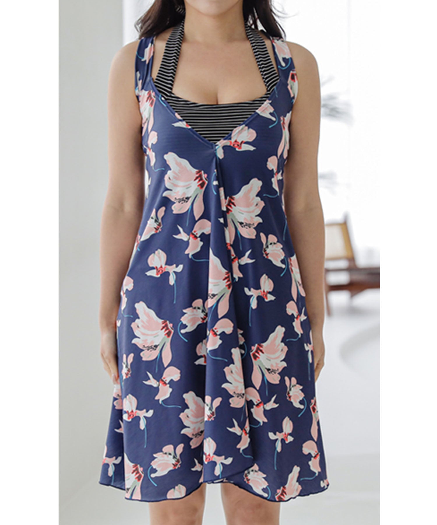 レースレディース Lace Ladies 花柄ワンピース付きボーダータンキニ3点セット【返品不可商品】 （ネイビー） ネイビー