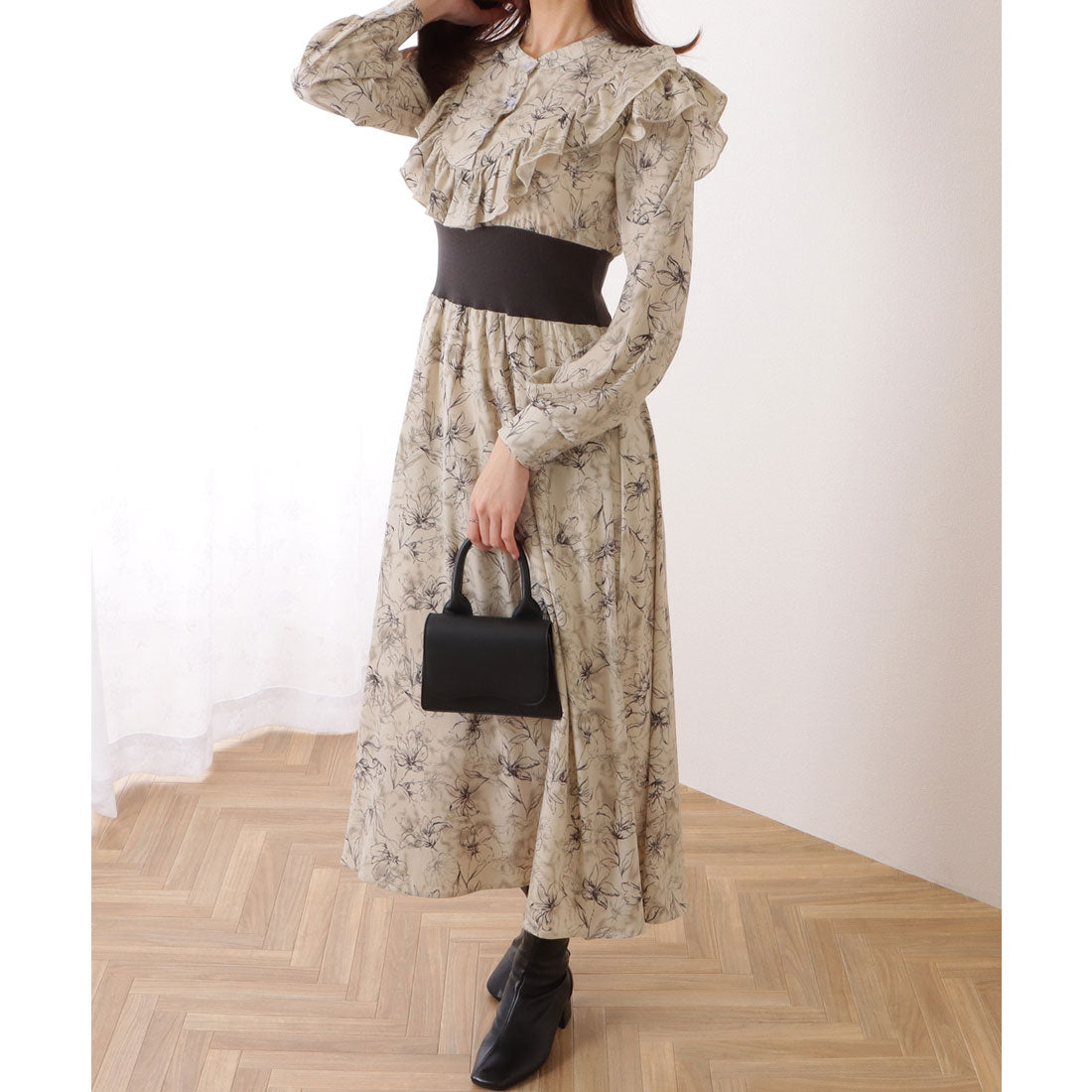 レースレディース Lace Ladies 配色 リブ フリルライン ボタニカル柄 ワンピース