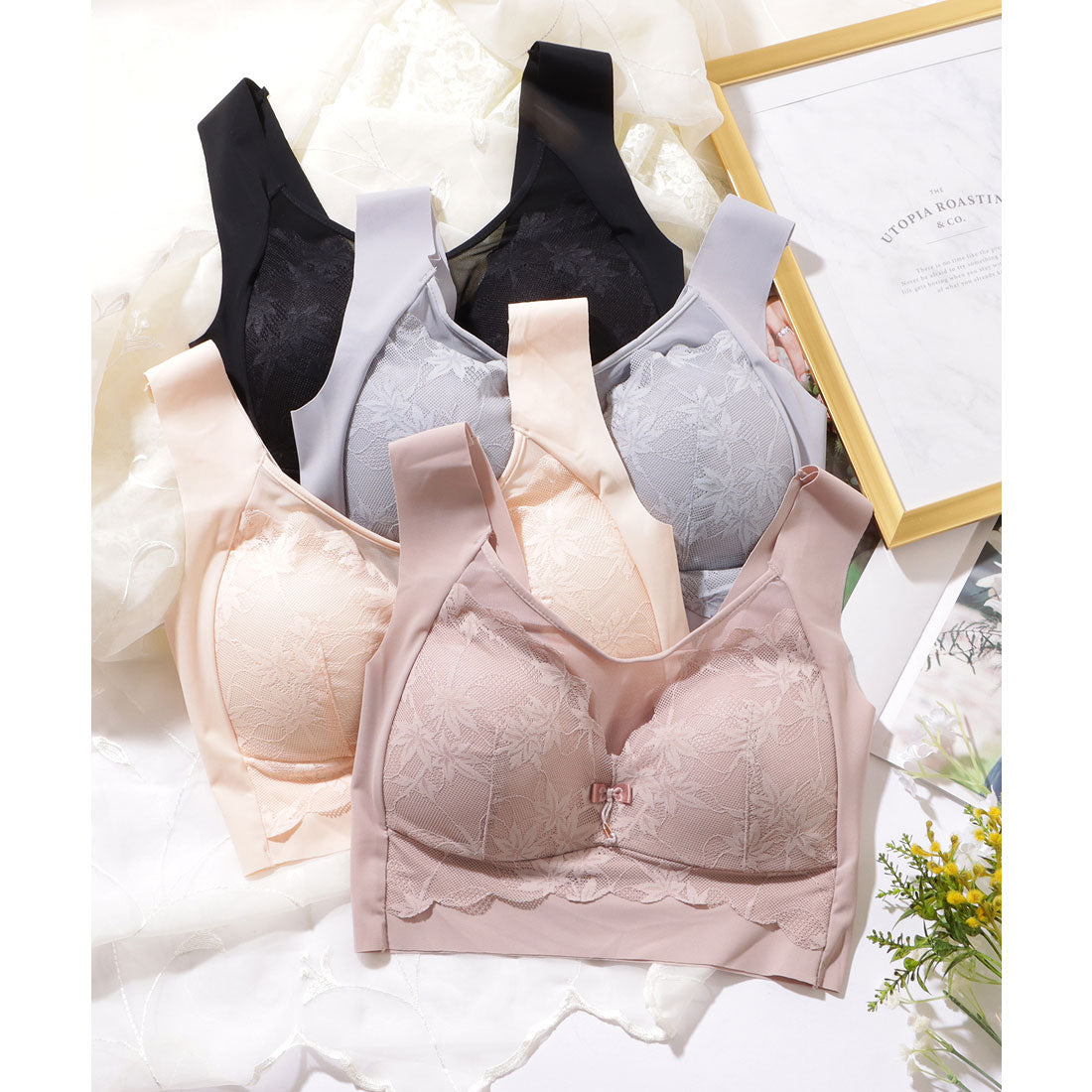 レースレディース Lace Ladies リボン付き ボタニカル柄 レース ドッキング ノンワイヤー ブラ （ピンク） ピンク