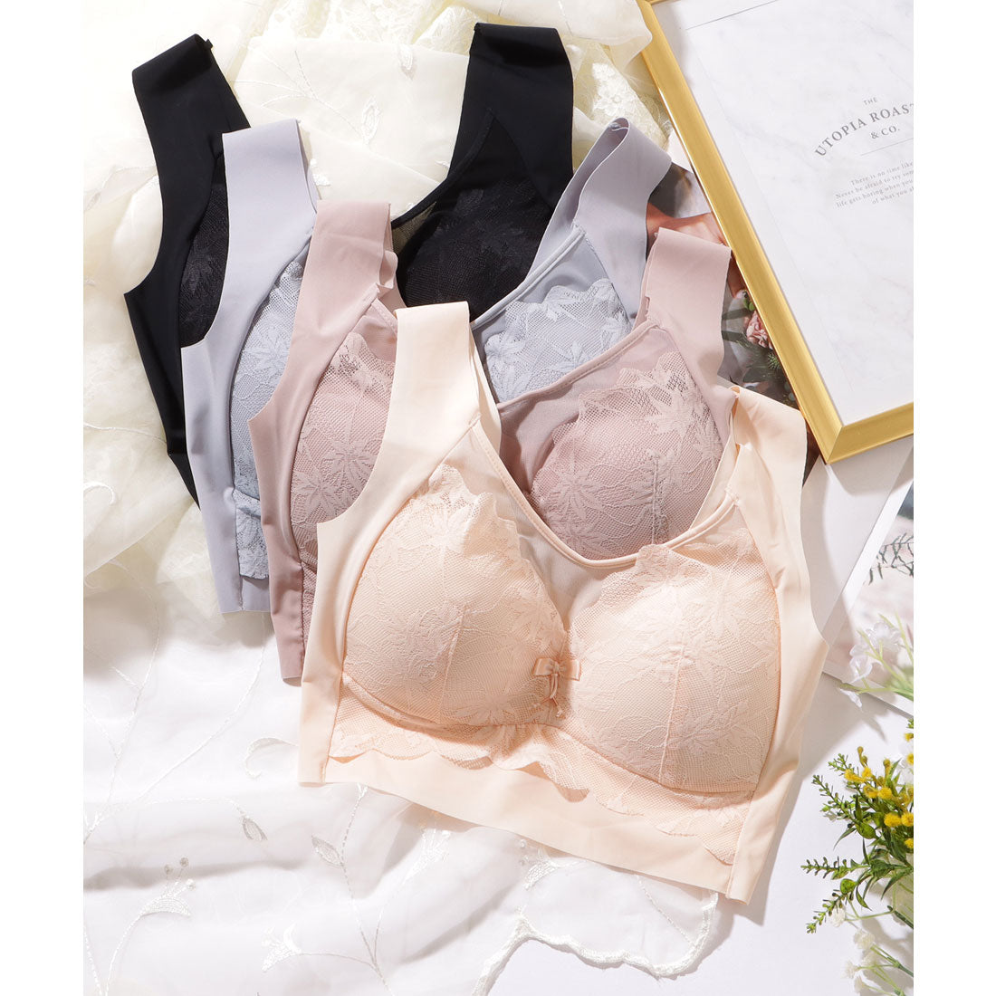レースレディース Lace Ladies リボン付き ボタニカル柄 レース ドッキング ノンワイヤー ブラ （ピンク） ピンク
