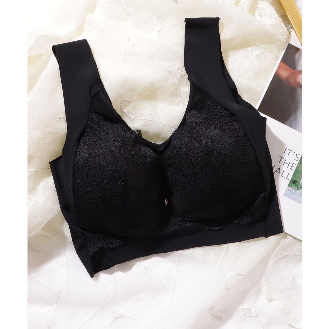レースレディース Lace Ladies リボン付き ボタニカル柄 レース ドッキング ノンワイヤー ブラ （ピンク） ピンク