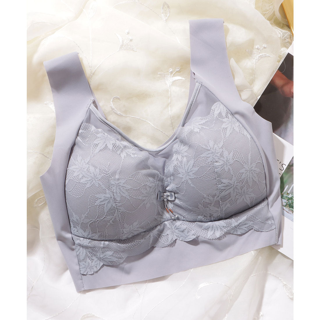 レースレディース Lace Ladies リボン付き ボタニカル柄 レース ドッキング ノンワイヤー ブラ （ピンク） ピンク