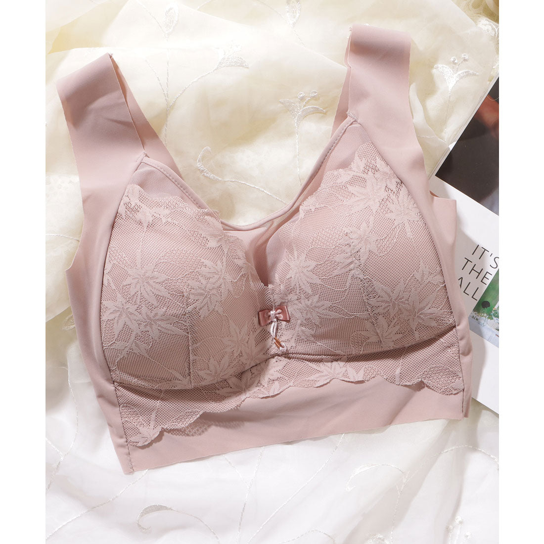 レースレディース Lace Ladies リボン付き ボタニカル柄 レース ドッキング ノンワイヤー ブラ （ピンク） ピンク