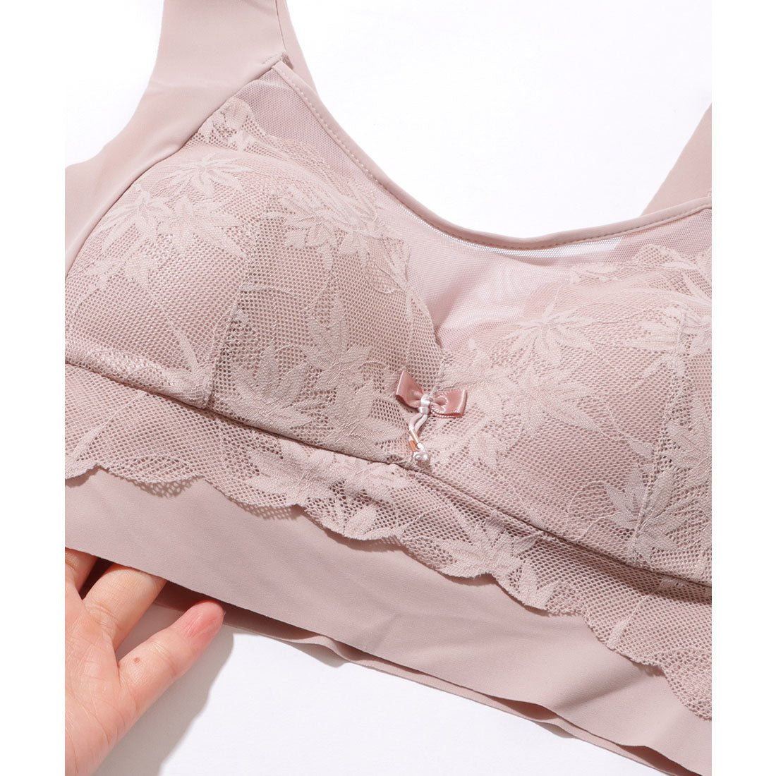 レースレディース Lace Ladies リボン付き ボタニカル柄 レース ドッキング ノンワイヤー ブラ （ピンク） ピンク
