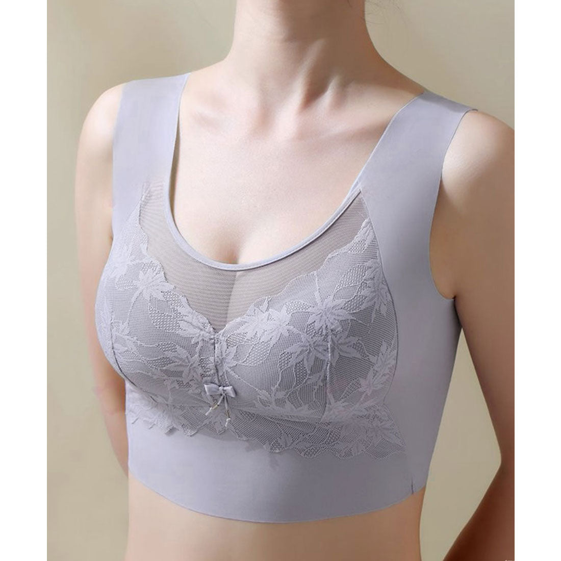 レースレディース Lace Ladies リボン付き ボタニカル柄 レース ドッキング ノンワイヤー ブラ （ブルーグレー） ブルーグレー