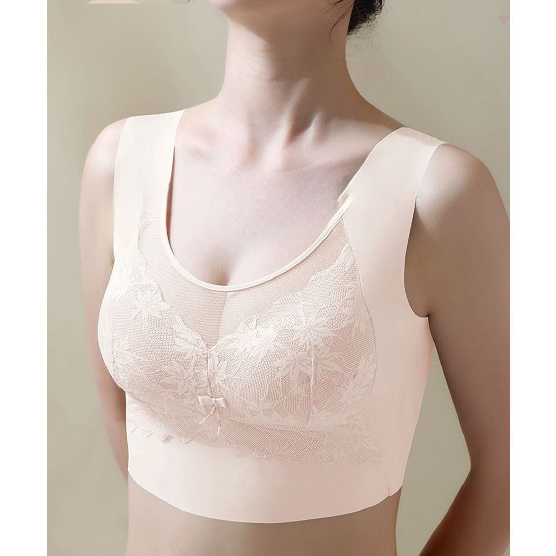 レースレディース Lace Ladies リボン付き ボタニカル柄 レース ドッキング ノンワイヤー ブラ （ベージュ） ベージュ