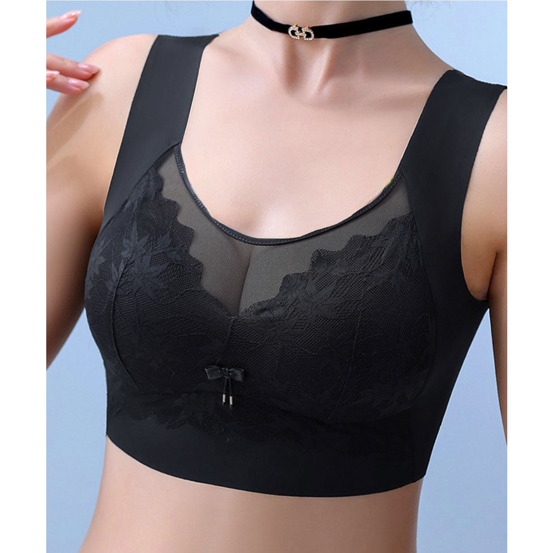 レースレディース Lace Ladies リボン付き ボタニカル柄 レース ドッキング ノンワイヤー ブラ （ブラック） ブラック