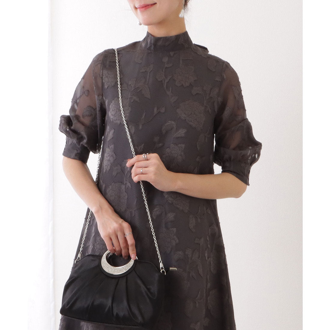 レースレディース Lace Ladies バックリボン 総レース プチハイネック Aライン ワンピース