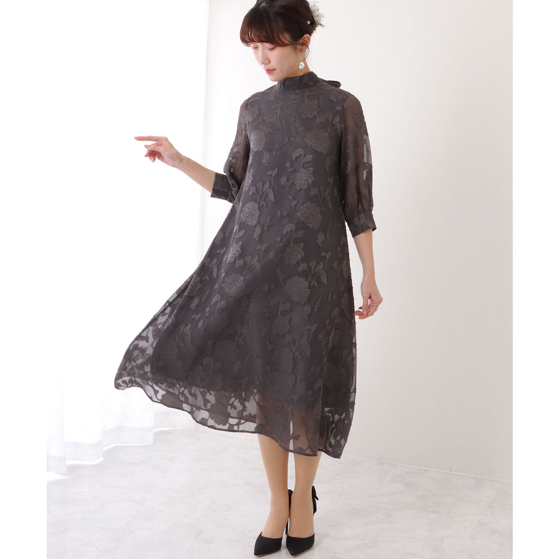 レースレディース Lace Ladies バックリボン 総レース プチハイネック Aライン ワンピース