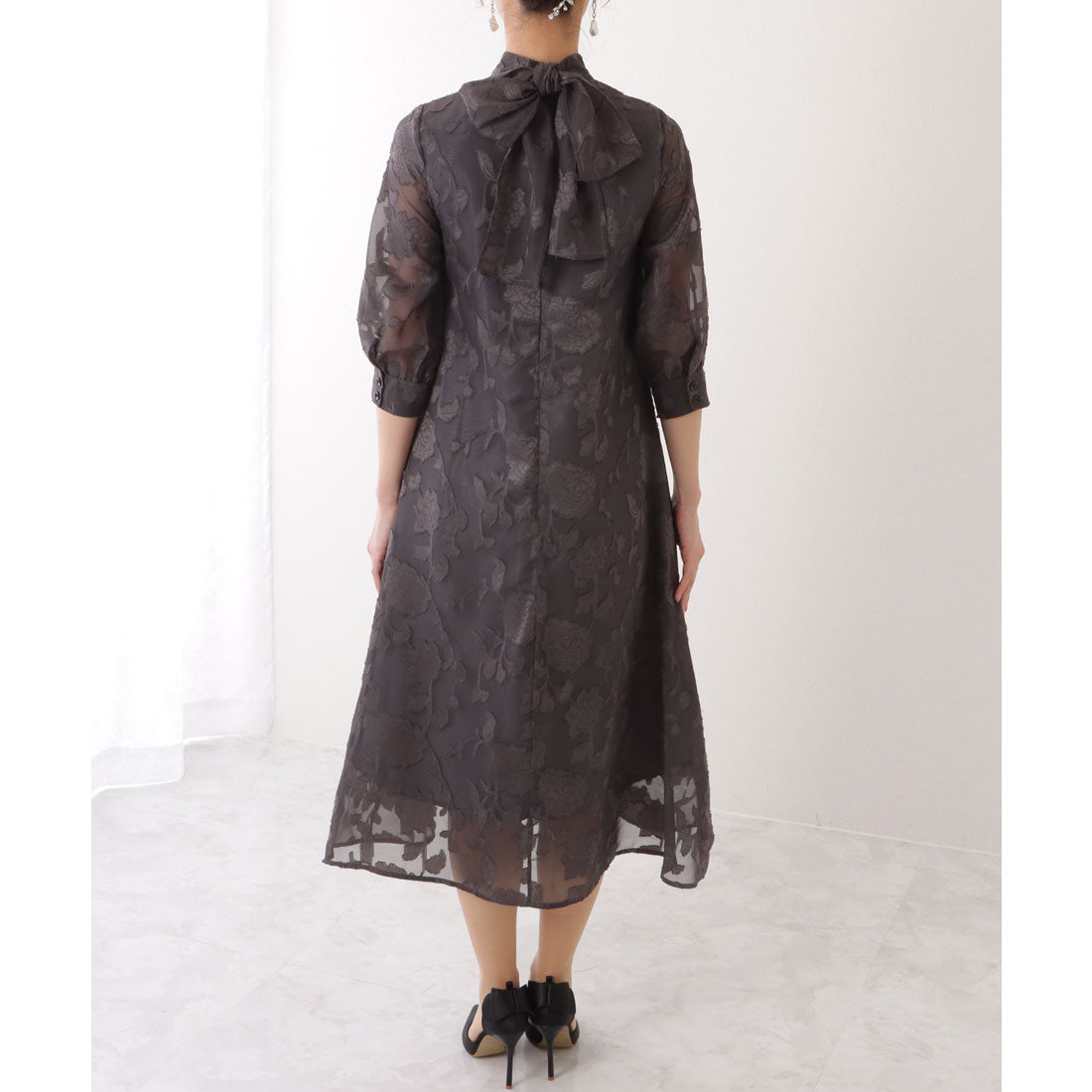 レースレディース Lace Ladies バックリボン 総レース プチハイネック Aライン ワンピース