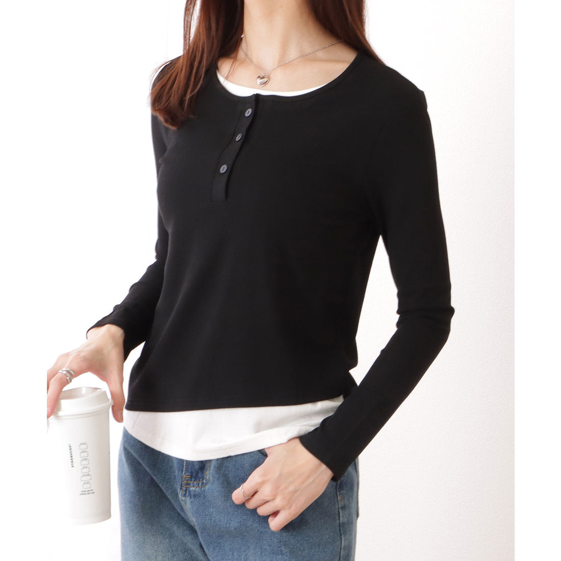レースレディース Lace Ladies ベーシック ヘンリーネック 長袖 レイヤード風 カットソートップス （ブラック） ブラック