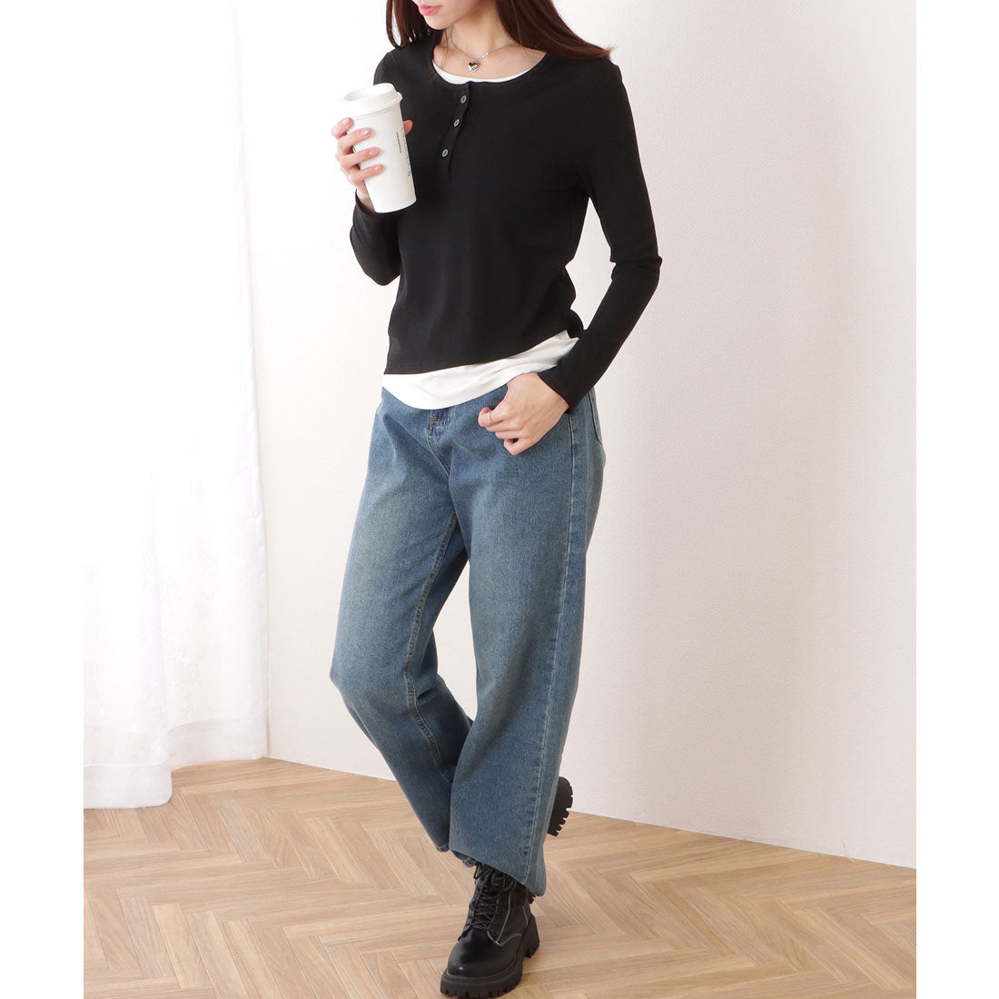 レースレディース Lace Ladies ベーシック ヘンリーネック 長袖 レイヤード風 カットソートップス （ブラック） ブラック