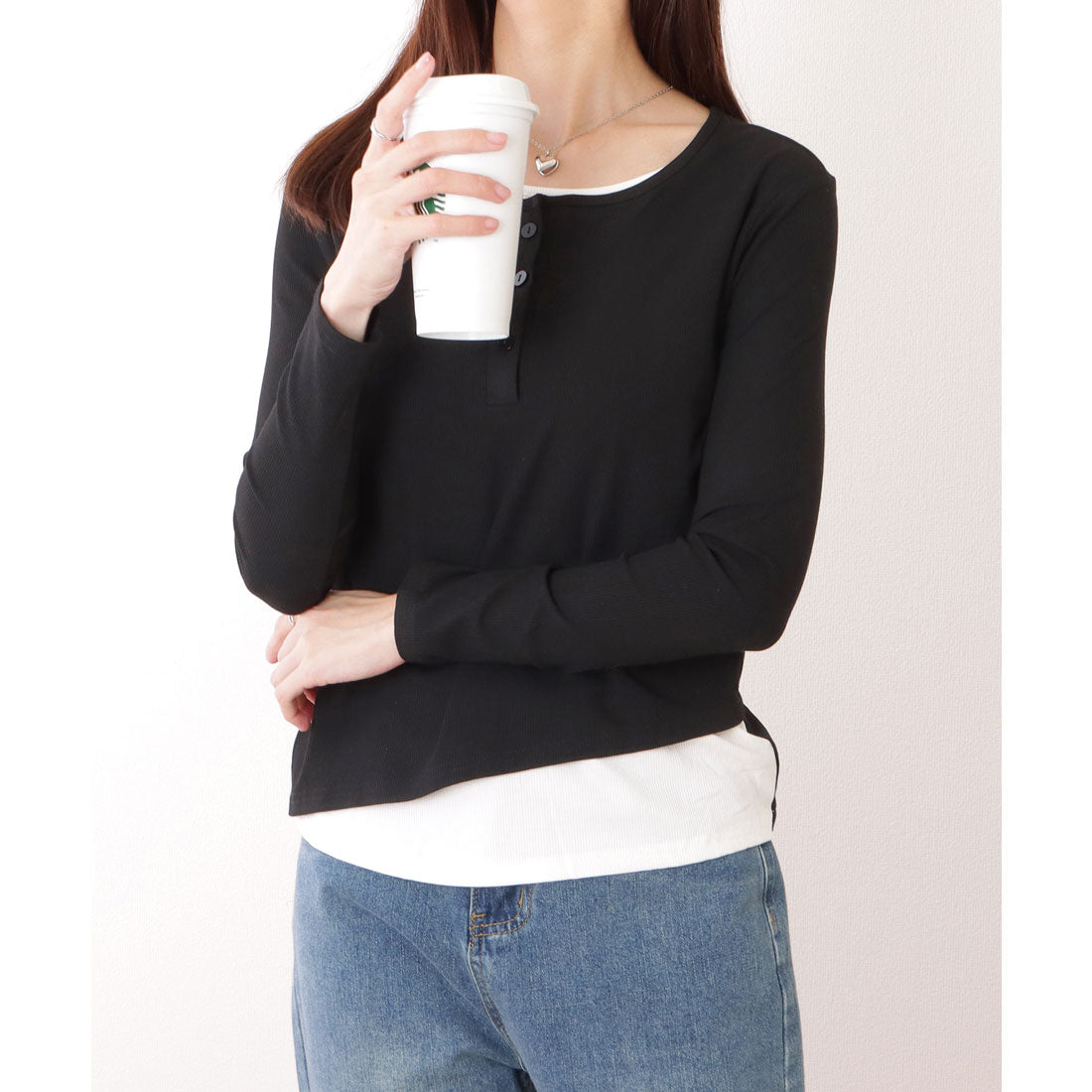 レースレディース Lace Ladies ベーシック ヘンリーネック 長袖 レイヤード風 カットソートップス （ブラック） ブラック