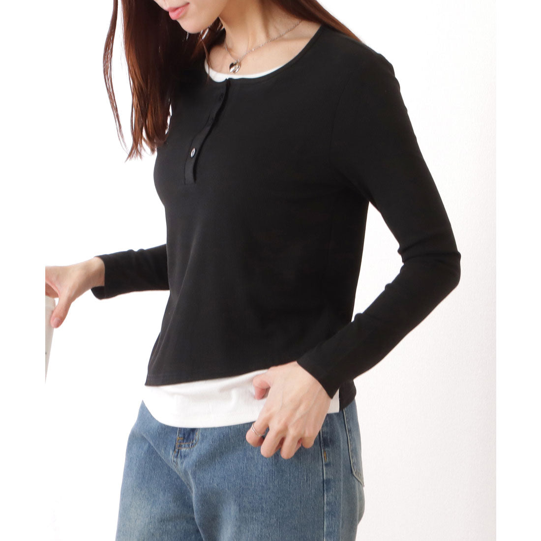 レースレディース Lace Ladies ベーシック ヘンリーネック 長袖 レイヤード風 カットソートップス （ブラック） ブラック