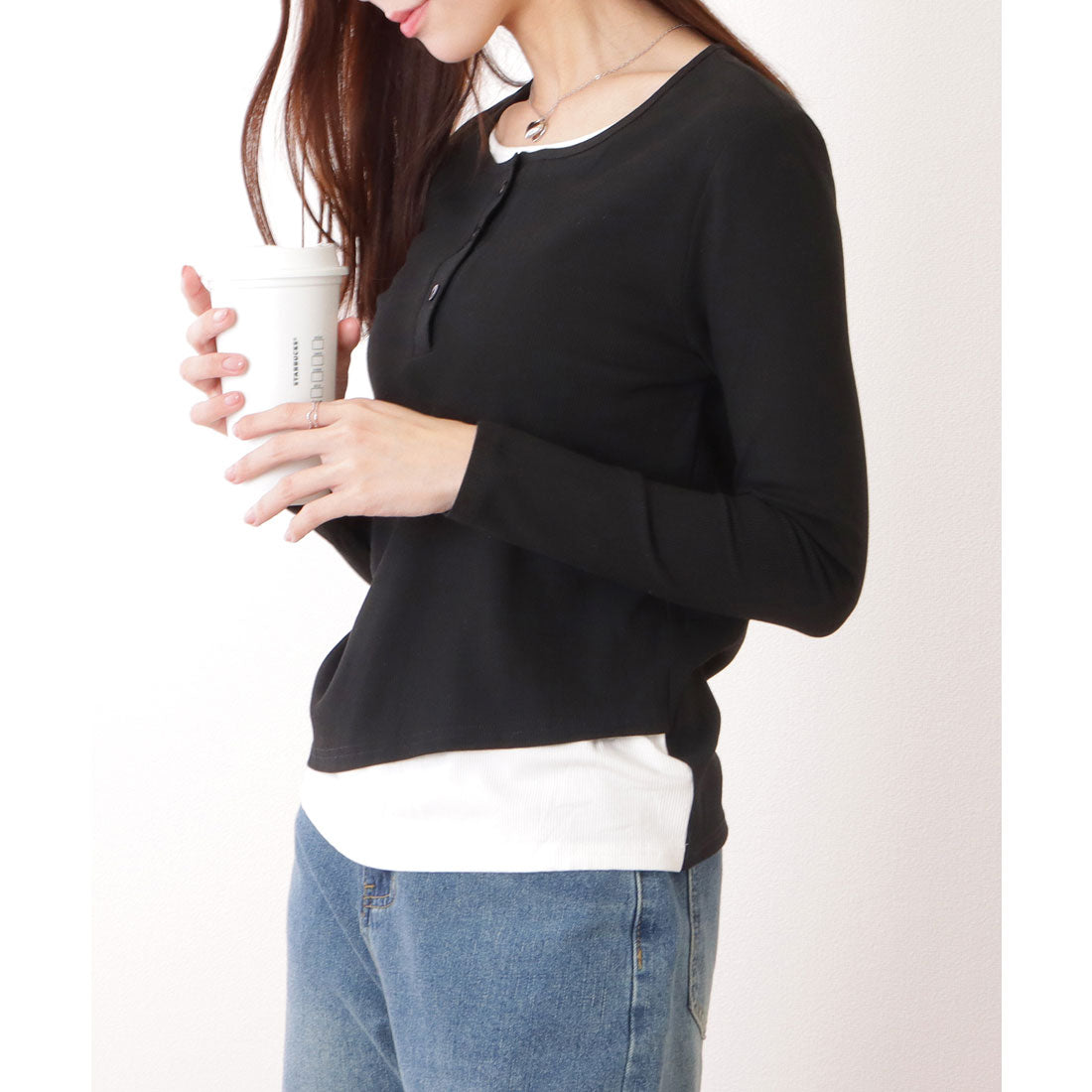 レースレディース Lace Ladies ベーシック ヘンリーネック 長袖 レイヤード風 カットソートップス （ブラック） ブラック