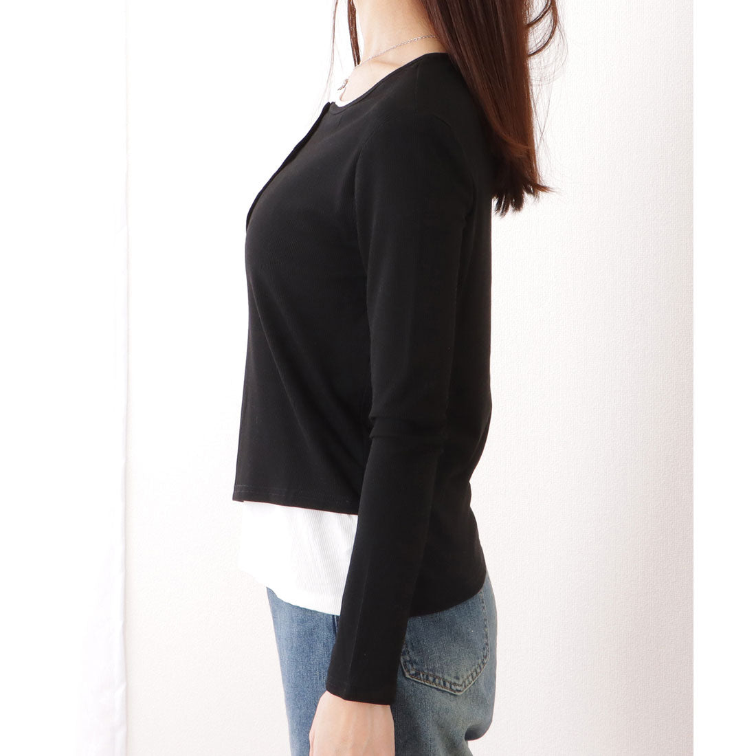 レースレディース Lace Ladies ベーシック ヘンリーネック 長袖 レイヤード風 カットソートップス （ブラック） ブラック