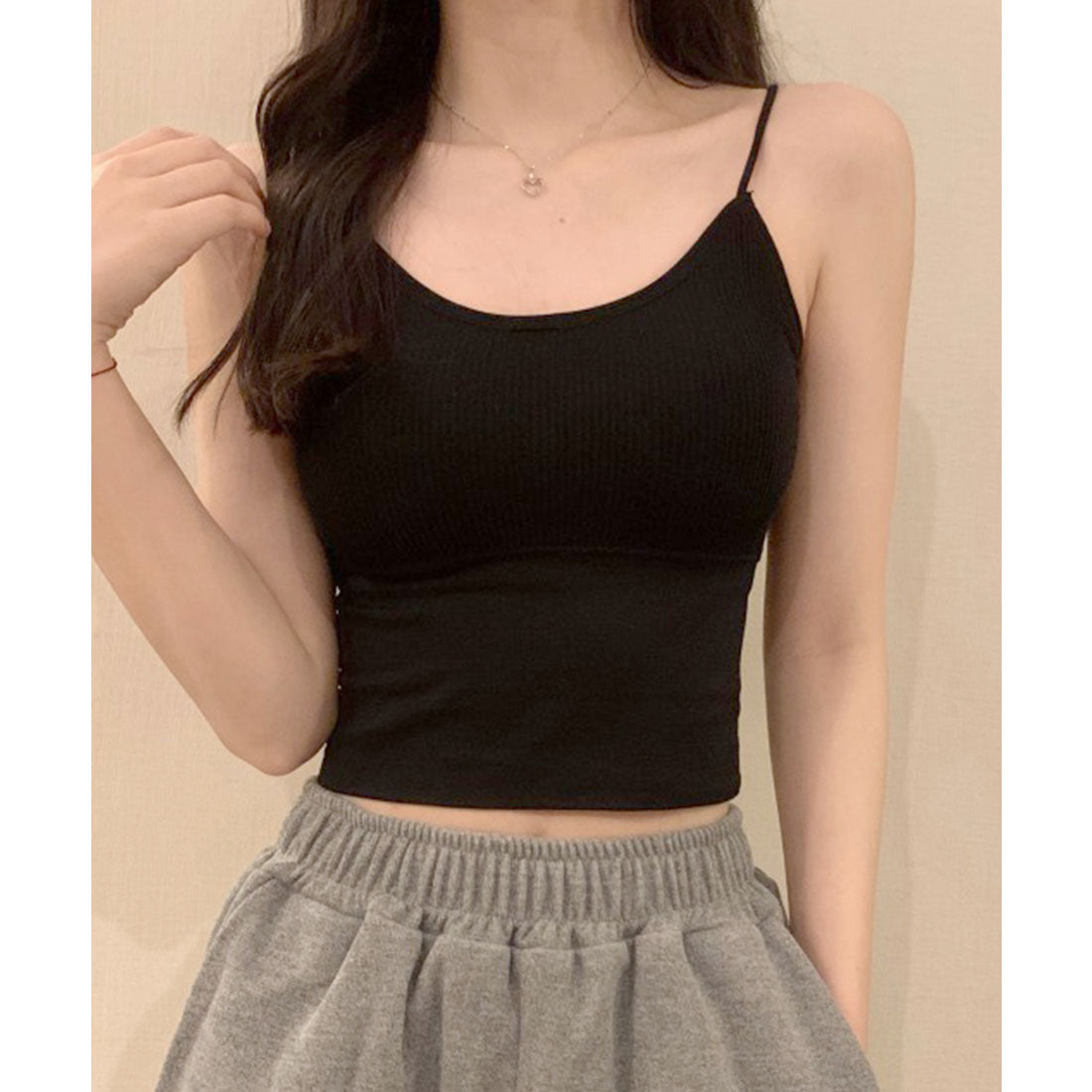 レースレディース Lace Ladies コンパクト フィット カップ付き リブ キャミソール （ブラック） ブラック