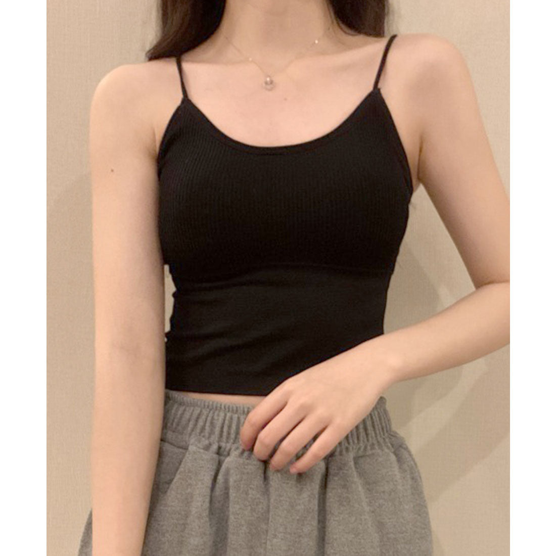 レースレディース Lace Ladies コンパクト フィット カップ付き リブ キャミソール （ブラック） ブラック