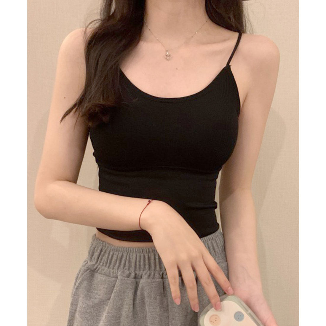 レースレディース Lace Ladies コンパクト フィット カップ付き リブ キャミソール （ブラック） ブラック