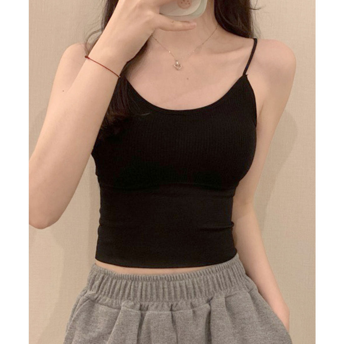レースレディース Lace Ladies コンパクト フィット カップ付き リブ キャミソール （ブラック） ブラック