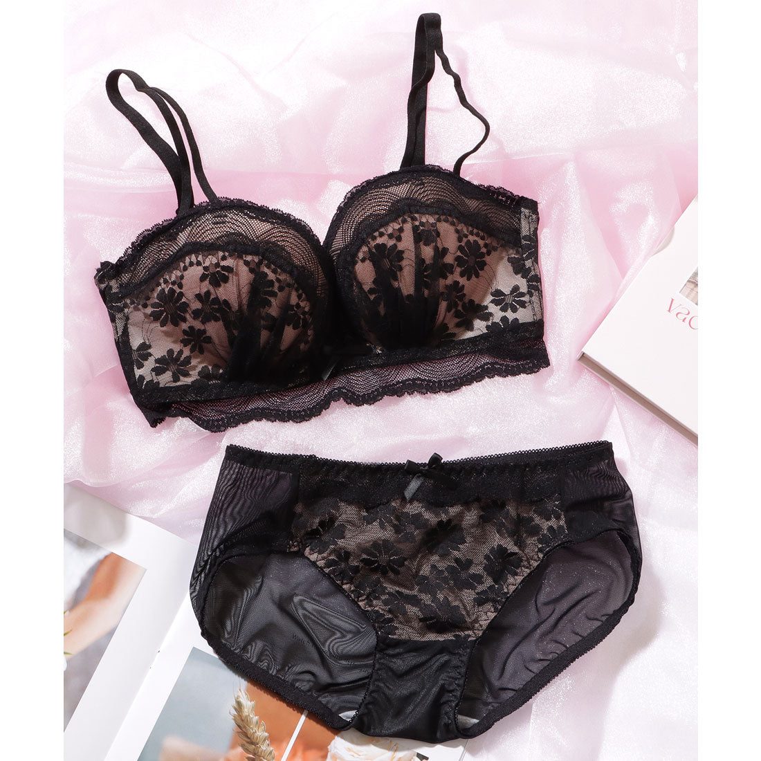 レースレディース Lace Ladies 2WAY ストラップ フラワー レース スカラップ 1/2 ブラジャー【返品不可商品】 （ブルー） ブルー