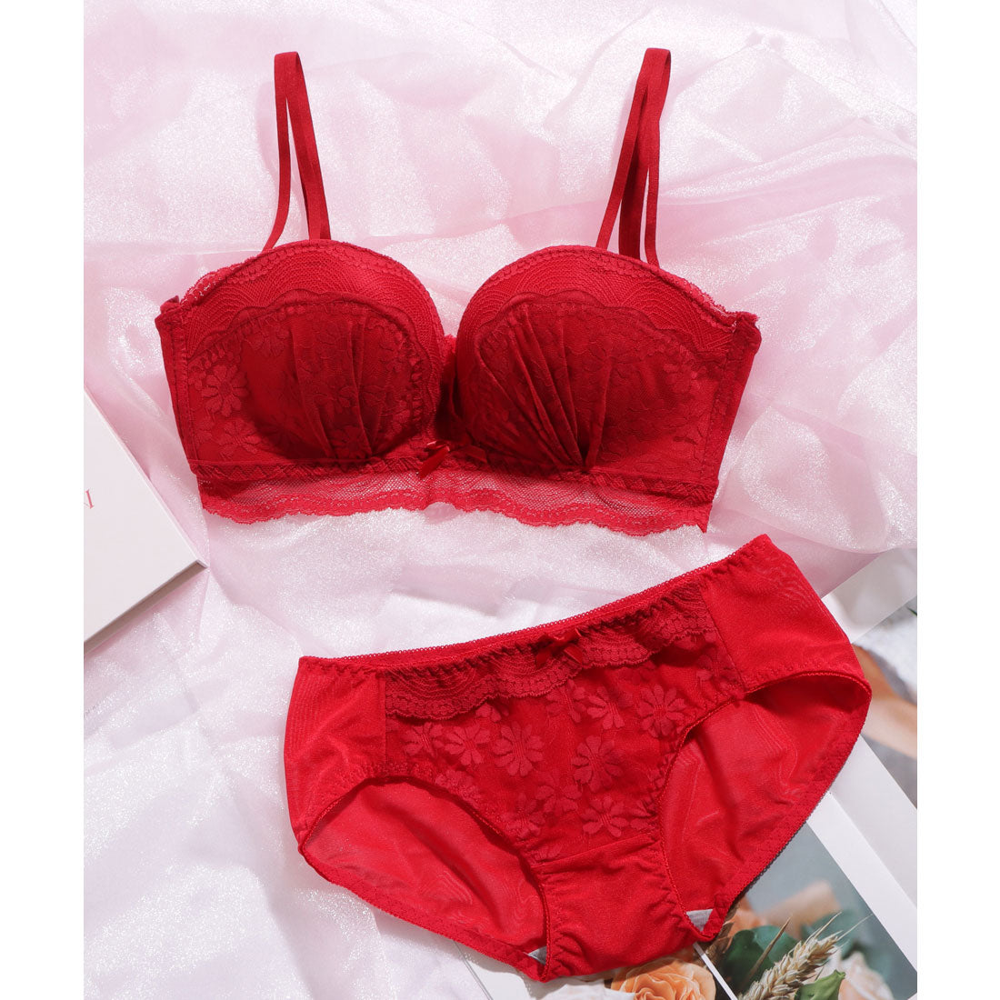 レースレディース Lace Ladies 2WAY ストラップ フラワー レース スカラップ 1/2 ブラジャー【返品不可商品】 （ブルー） ブルー