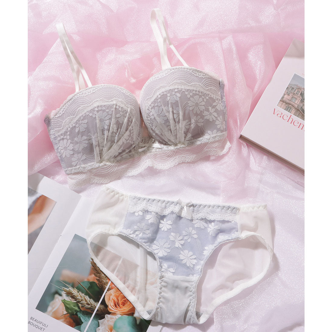 レースレディース Lace Ladies 2WAY ストラップ フラワー レース スカラップ 1/2 ブラジャー【返品不可商品】 （ブルー） ブルー