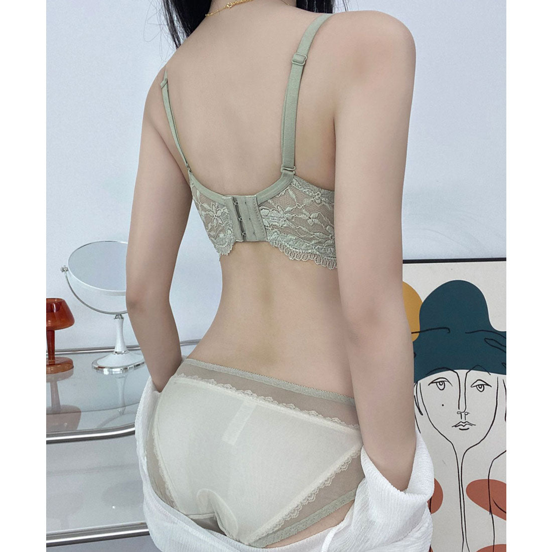 レースレディース Lace Ladies リボン ギャザー カットアウト フラワー レース ブラジャー&ショーツ セット【返品不可商品】 （グリーン） グリーン