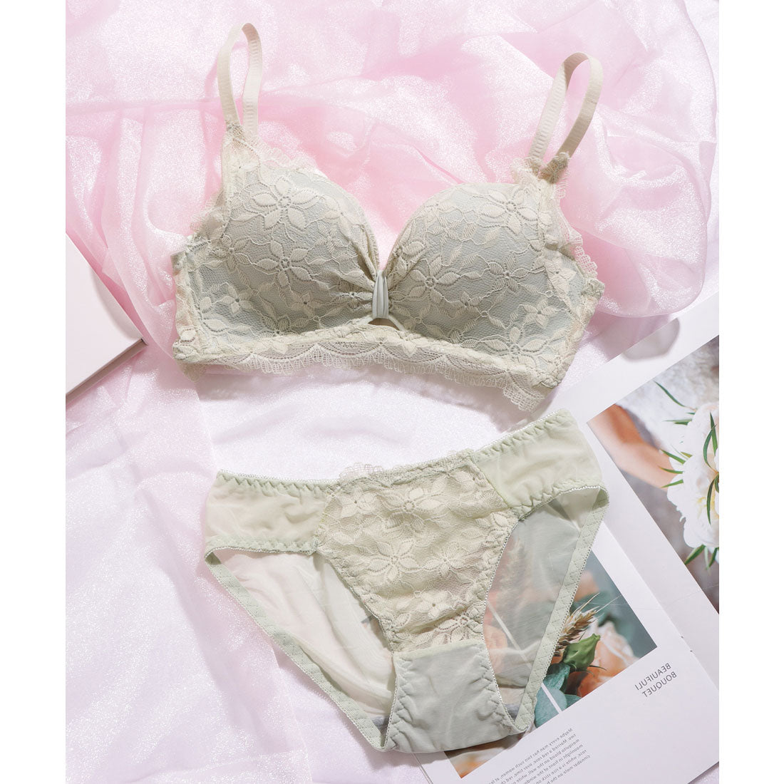 レースレディース Lace Ladies リボン ギャザー カットアウト フラワー レース ブラジャー&ショーツ セット【返品不可商品】 （グリーン） グリーン