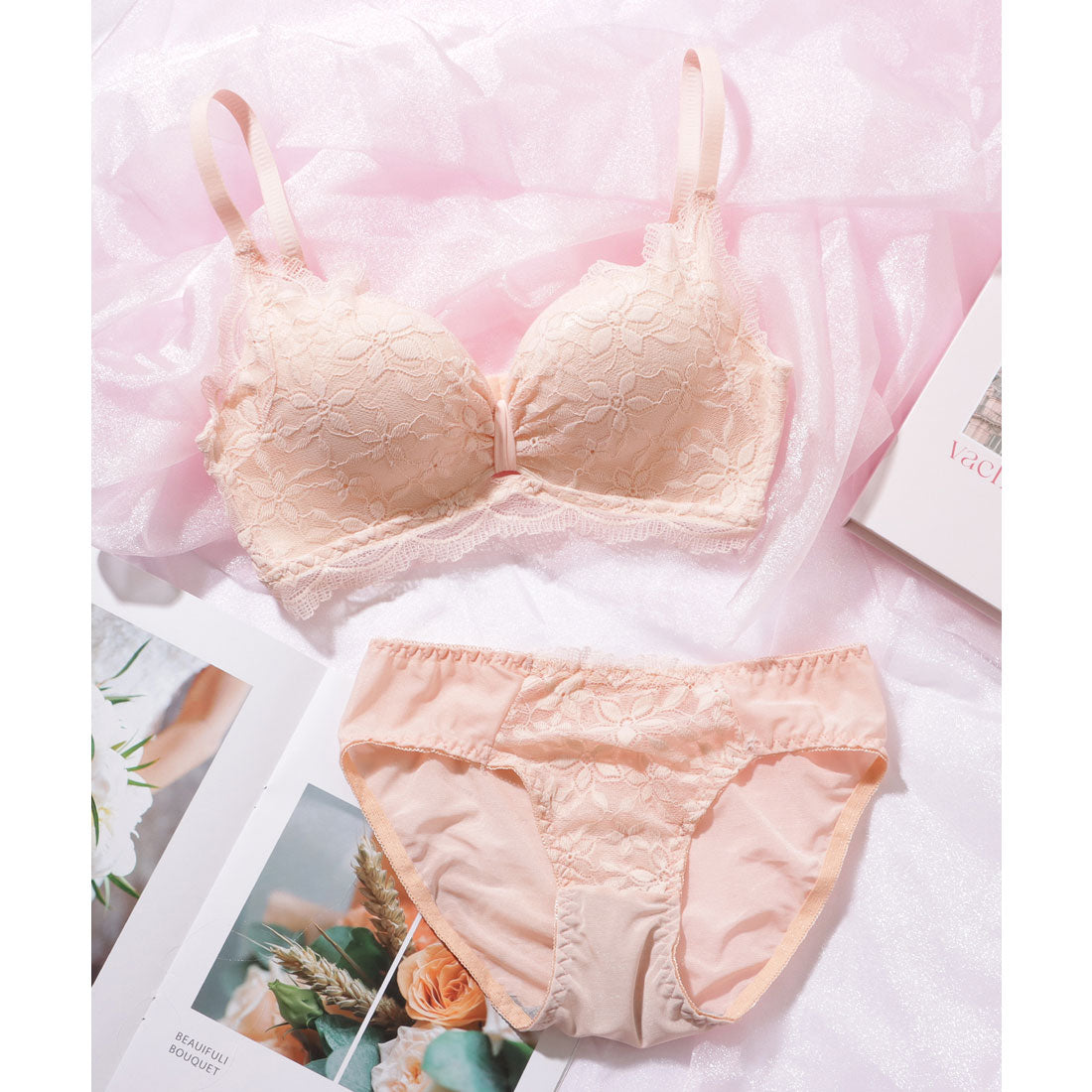 レースレディース Lace Ladies リボン ギャザー カットアウト フラワー レース ブラジャー&ショーツ セット【返品不可商品】 （グリーン） グリーン