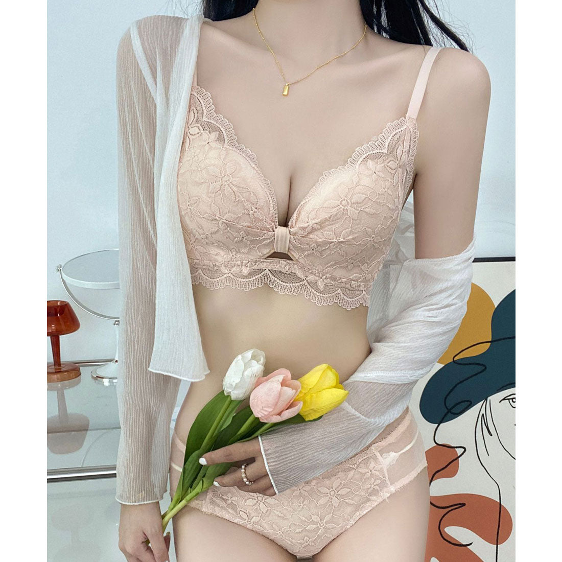 レースレディース Lace Ladies リボン ギャザー カットアウト フラワー レース ブラジャー&ショーツ セット【返品不可商品】 （ピンク） ピンク