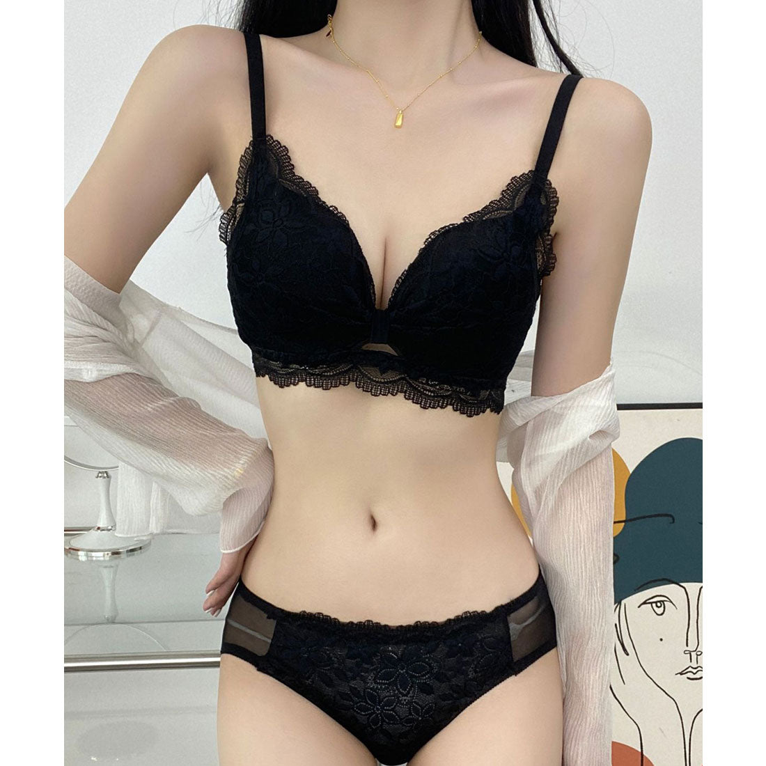 レースレディース Lace Ladies リボン ギャザー カットアウト フラワー レース ブラジャー&ショーツ セット【返品不可商品】 （ブラック） ブラック