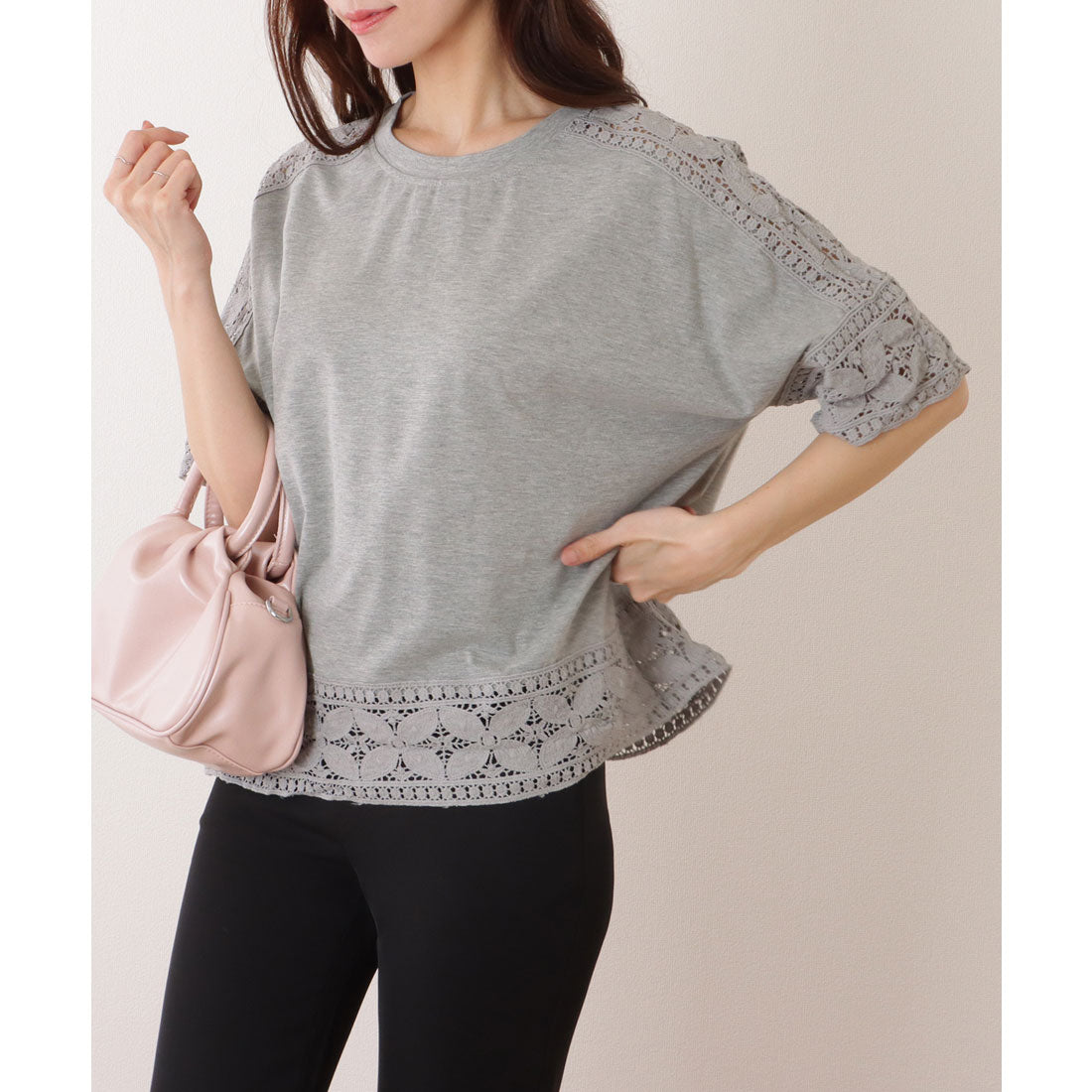 レースレディース Lace Ladies ラウンドネック レース ドッキング 半袖 プルオーバー （グレー） グレー