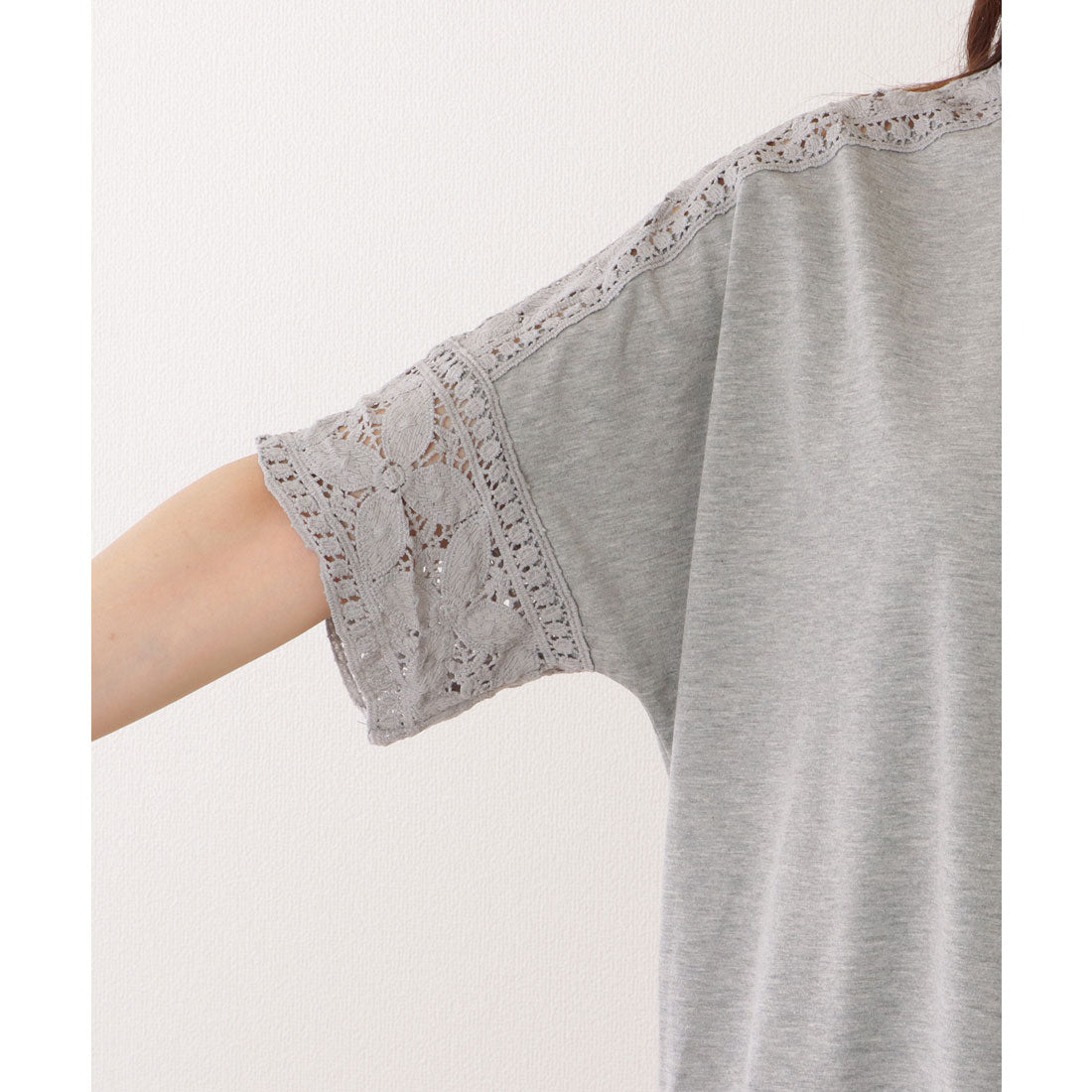 レースレディース Lace Ladies ラウンドネック レース ドッキング 半袖 プルオーバー （グレー） グレー